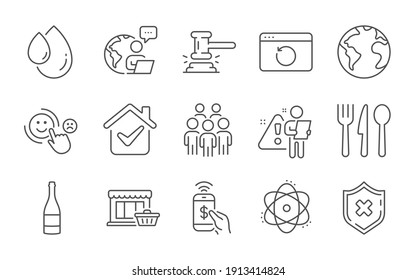 Marketplace, Customer satisfaction and Group people line icons set. World planet, Atom and Reject protection signs. Food, Phone payment and Recovery internet symbols. Line icons set. Vector