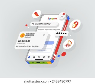 Marketplace is displayed on the Phone. Flying 3d panels of the Interface of mobile application. Online Store for the Sale and Purchase of goods. E-commerce concept Vector illustration