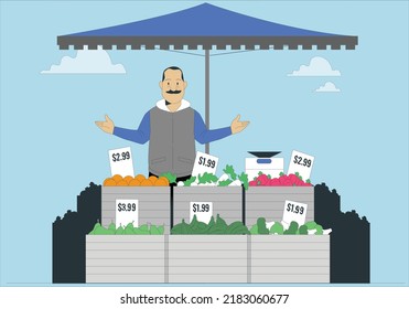 Marketplace, Farmers organic market in modern city street flat vector illustration concept. People sell own growth green natural eco products, fruits and vegetables. Seasonal sale local farm shop.