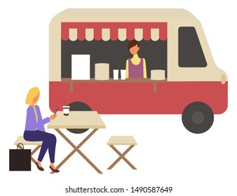 Marketplace, fast food trolley and cafe with takeaway dishes and coffee drinks. Vector woman sitting on chair at table in street restaurant and drinking soda, isolated