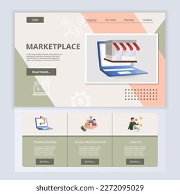 Marketplace flat landing page website template. Crowdfunding, social participation, creator. Web banner with header, content and footer. Vector illustration.