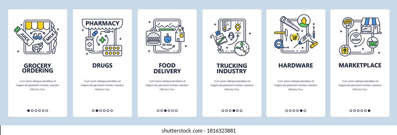 Marketplace, hardware, pharmacy. Online grocery ordering. Food delivery. Trucking industry. Mobile app screens. Vector banner template for website and mobile development. Web site design illustration.