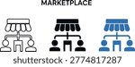 Marketplace icon set featuring storefronts and people in outline, solid, and blue color styles for business concept.