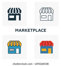 Marketplace icon set. Four elements in diferent styles from crowdfunding icons collection. Creative marketplace icons filled, outline, colored and flat symbols.