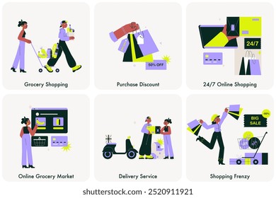 Conjunto de ilustración del mercado de compras de comestibles, descuentos, 24 en 7 compras en línea, entrega y frenesí de compras. Ilustración vectorial plana de comercio electrónico y compras, aislado en blanco.