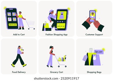 Marketplace ilustrações conjunto sobre a adição de itens ao carrinho, entrega de alimentos, carrinho de supermercado, atendimento ao cliente, app de compras de moda e bolsas de desconto, perfeito para e-commerce e contextos de varejo.