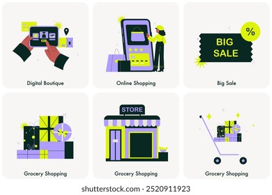 Conjunto de ilustraciones del mercado que presenta actividades de compras, navegación de boutiques digitales, compras en línea, grandes ventas, compras de comestibles. Ilustraciones vectoriales planas aisladas sobre fondo blanco.