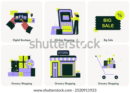 Marketplace illustrations set featuring shopping activities, digital boutique browsing, online shopping, big sales, grocery shopping. Flat vector illustrations isolated on white background.