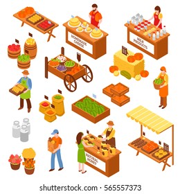 Marketplace isometric set of food counters with farmers selling milk products natural honey homemade cheese fruits and vegetables isolated vector illustration    