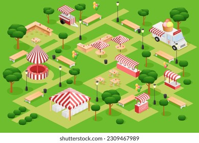 Marketplace map. Isometric food fair. 3D line market or shop town. Outdoor cafe court. Park area. Fastfood kiosks. Ice cream van. Bench and table with umbrella. Vector illustration