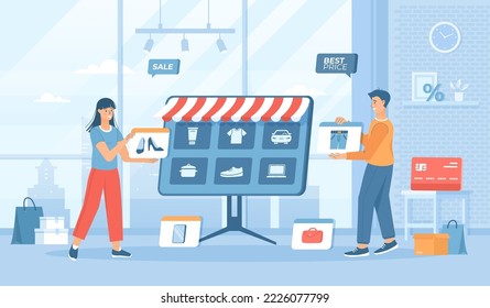 Marketplace Online e-commerce Store. Los vendedores publican sus productos en una plataforma comercial. Buscar y comparar artículos en el mercado. Ilustración vectorial de caricatura plana con personajes para pancartas