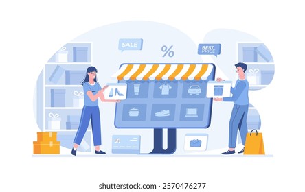 Marketplace Online e-commerce Store. Sellers post their products on a trading platform. Search and compare items in the marketplace. Vector illustration with characters in flat design for web banner.