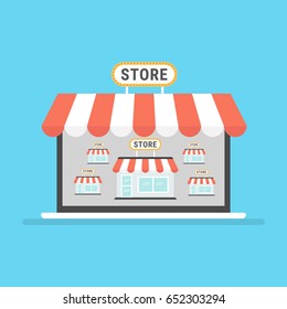 Ilustración vectorial en línea de mercado, tienda multivendor de Internet de estilo plano en ordenador portátil con tiendas de varios proveedores