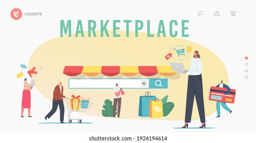 Marketplace Retail Business, Online Shopping Landing Page Template. Digital Shop App, Pc Browser. Tiny Characters Use Mobile Based Consultative Sales, Niche Service. Cartoon People Vector Illustration