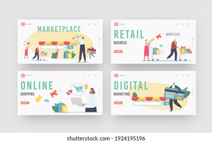 Marketplace Retail Business, Online Shopping Landing Page Template Set. Digital Shop App, Pc Browser. Characters Use Mobile Based Consultative Sales, Niche Service. Cartoon People Vector Illustration