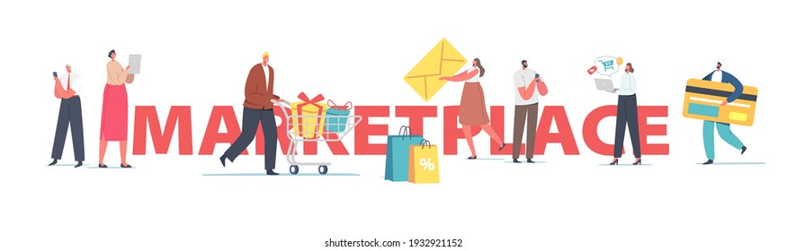 Marketplace Retail Business, Online Shopping Concept. Male and Female Characters Use Digital Devices for Shopping and Purchasing in Internet Poster Banner Flyer. Cartoon People Vector Illustration