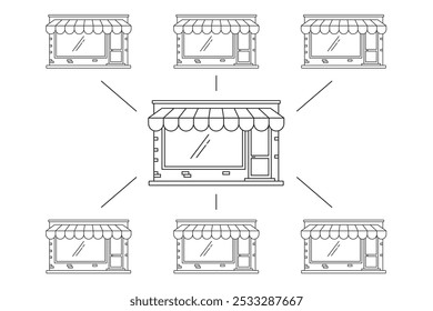 Esquema de mercado modelo linha traço esboço vetor ilustração gráfico, franquia loja de negócios gerenciamento fino linear design mínimo, crescimento fornecedor estratégia de comércio eletrônico imagem clip art
