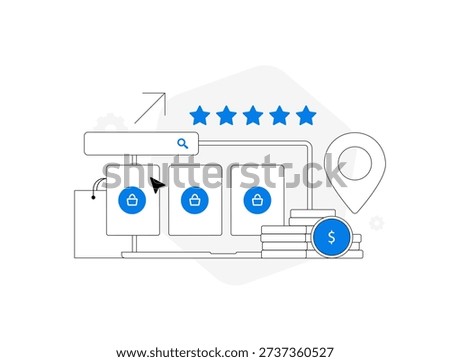 Marketplace SEO optimization strategy, e-commerce product ranking, search analytics dashboard, digital marketing growth metrics, modern isolated outline flat infographic vector illustration