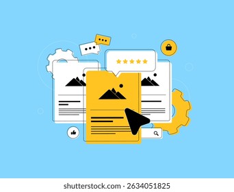 Marketplace SEO - optimized product listings and e-commerce SEO strategies. Improve visibility and search rankings on online marketplace. Digital marketing strategy vector illustration