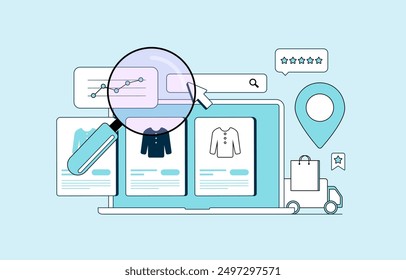 Marketplace SEO optimiza los listados de productos, Palabras claves y títulos en las plataformas de comercio electrónico para mejorar la visibilidad, las clasificaciones de búsqueda y las ventas dentro del mercado. Ilustración vectorial de estrategia SEO de comercio electrónico