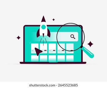 Marketplace SEO strategies require accurate search engine monitoring. Marketplace seo success depends on e-commerce analytics, performance tracking and improving search visibility vector illustration