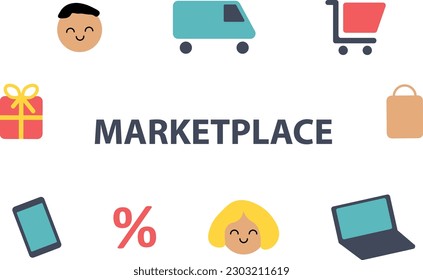 Conjunto de mercado, vector. Emoticonos sonrientes hombre y mujer, laptop y teléfono, carro y paquete, regalo y porcentaje, auto, inscripción MARKETPLACE. Se puede usar en el sitio, en la aplicación.