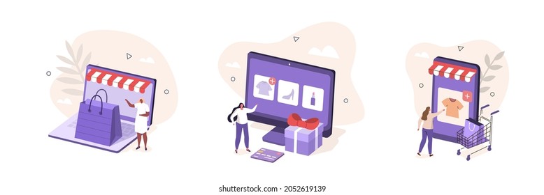 Marketplace shopping illustration set. People characters buying goods online on laptop, computer and smartphone. Shopping and retail concept. Vector illustration.