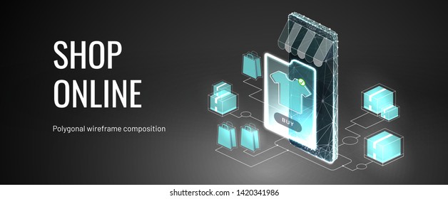 Marketplace. Smartphone - internet shop. Isometric smartphone with awning and clothing catalog. All products in one online catalog. Abstract isolated on blue background. 