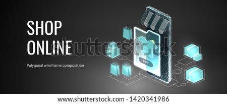 Marketplace. Smartphone - internet shop. Isometric smartphone with awning and clothing catalog. All products in one online catalog. Abstract isolated on blue background. 