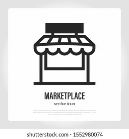 Marketplace thin line icon. Front view. Kiosk, grocery shop. Small business. Modern vector illustration.