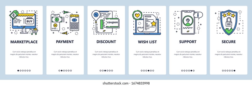 Marketplace web site and mobile app onboarding screens. Menu banner vector template for website and application development. Thin line art flat style. Online e-commerce marketplace, internet payment.