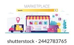 Marketplace website with search bar. Online shopping, e-commerce. Shopping store, delivery truck and wallet with money for payment. Display with storefront and various goods. flat vector illustration