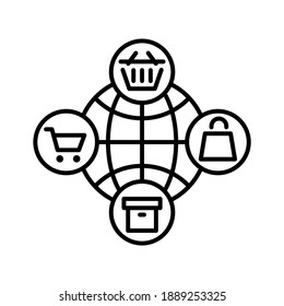 Marketplace, world with basket, trolley, shopping bag and package delivery. Line vector. Isolate on white background.