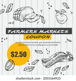 Los cupones de los mercados y la reducción del precio del jamón y la carne, frutas y manzanas. Mercado de granjeros costo barato de comida sabrosa. Banner promocional, afiche con descuentos y ventas. Vector de estilo plano