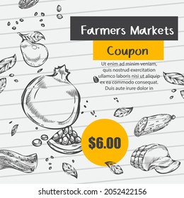 Markets and farmers coupons for shopping and buying products cheap and fare price. Pomegranate and ham, fruits and veggies. Promotional banner, poster with discounts and sales. Vector in flat style