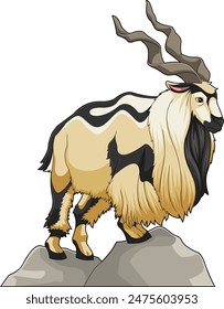 Markhor Animal Cartoon Character On Top Of A Mountain Peak. Vector Hand Drawn Illustration Isolated On Transparent Background