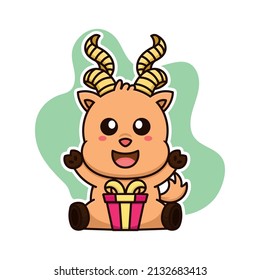 markhor goat and gift box cute adorable cartoon doodle vector illustration flat design style