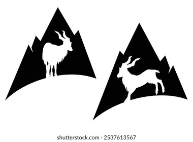 silhueta markhor caprino e picos de montanha - animal selvagem preto e branco design vetor definido para montanhismo e empresa de caminhadas