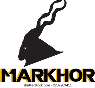 Markhor-Ziege-Vektorlogo, schwarz-weißer Vektorgrafik, Aufkleber, Etikett, Tag