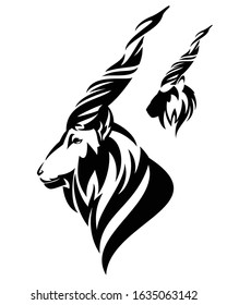 Markhor Mountain Goat Side View Head - Wild Animal Profile Black And White Vector Portrait