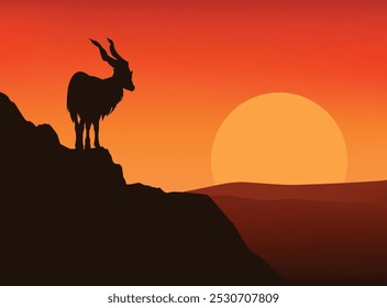 markhor mountaing goat standing on high cliff at sunset - horizontal vector silhouette view of copy space dramatic wilderness scene with wild animal