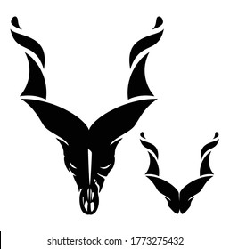 markhor skull head - mountain screw horned goat black vector outline design