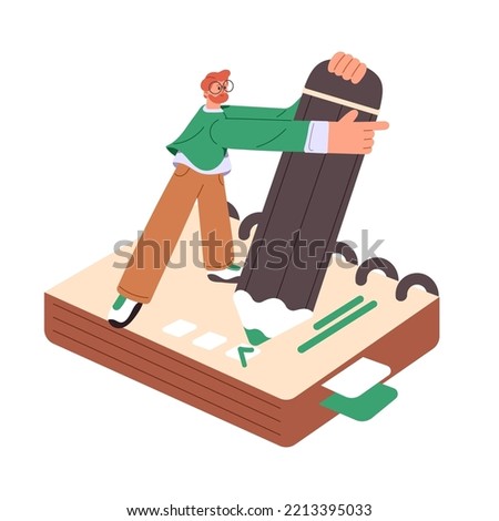 Marking business task as done. Ticking checkbox in to-do list in planner. Person with checklist, plan in organizer, notebook. Time management. Flat vector illustration isolated on white background