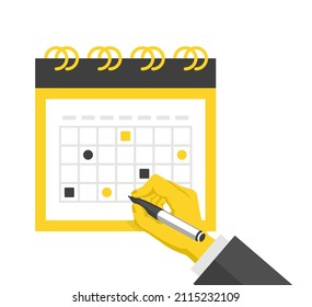 Marcando el calendario, marque el evento. Ilustración vectorial plana. Mano humana con lápiz marcando fecha importante en el calendario. Evento de negocios, vacaciones. Conceptos modernos. Diseño plano