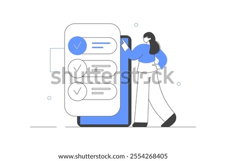 Marking completed tasks on to-do list. Concept of time management, work planning method, organization. Mark checklist. Finishing project tasks, work done conclusion, process plan. Flat Cartoon Vector 