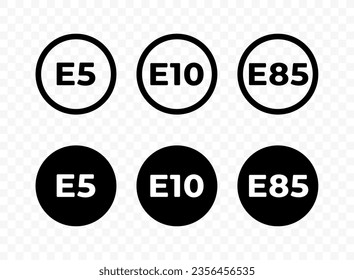 Marking of gasoline fuel types: E5, E10, E85 vector design. Petrol type of fuel labeling in the circle graphic design