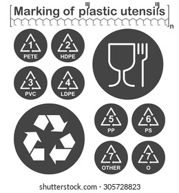 Marking of plastic utensils icons set on dark round plates, gray and white colors, 2d vector, eps 8