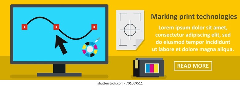 Marking print technologies banner horizontal concept. Flat illustration of marking print technologies banner horizontal vector concept for web