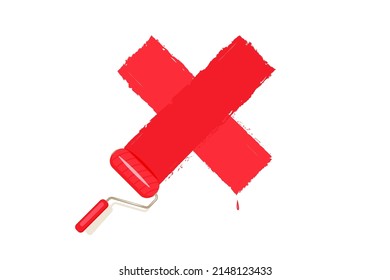 Marking red x with colorful roller. Prohibition symbol. Grunge ink strokes in form of sign of rejection, wrong decision.