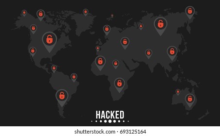 The marks with cracked red locks on the world map of the planet earth. Cybercriminals hacked the network. Soft black background. The system is hacked. Vector illustration in a flat style